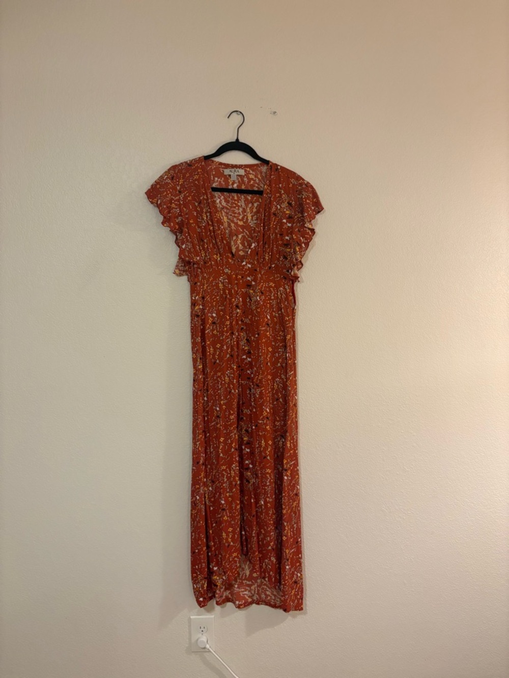Aura Rust Floral V-Neck Maxi Dress with Flutter Sleeves